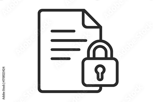 Secure document icon, data protection symbol. Confidential file with lock. Privacy concept for information security. Vector linear illustration of a locked paper for access control.