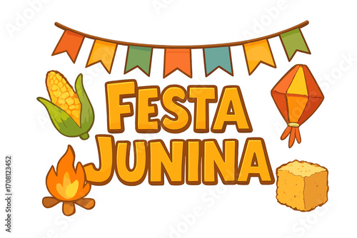 Festa Junina banner. Brazilian June festival poster elements. Vector cartoon illustration with party flags, corn, bonfire, São João lantern. Arraial party clip art set.