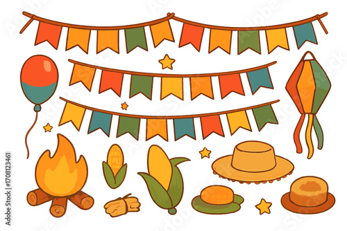 Festa Junina vector illustration set. Brazilian June festival cartoon elements collection. Party flags, bonfire, corn, straw hat, paper lantern. South American holiday clip art.