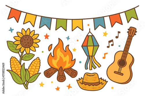 Festa Junina set vector illustration. Brazilian June Party cartoon collection. Traditional Latin America festival elements: bonfire, corn, guitar, lantern, hat, flags. São João.