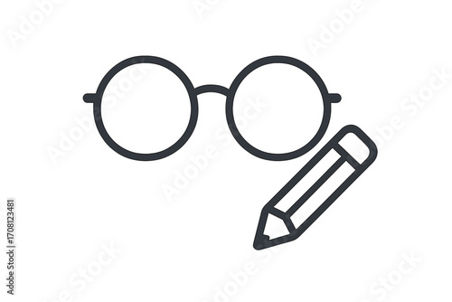 Writer and editor icon with glasses and pencil. Concept for copywriting, storytelling, content creation. Symbol for author, journalism, proofreading, and education. Vision.