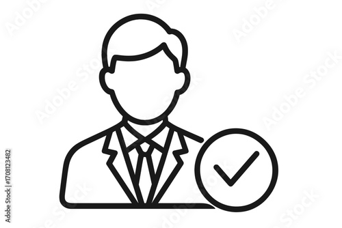 Approved candidate icon for job recruitment. Hired employee symbol. Verified user profile. Human resources concept. Man in suit with check mark. Vector line illustration.