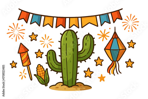 Festa Junina celebration elements from Brazil. Vector set with cactus, paper lantern, flags, and corn. Cartoon illustration for Brazilian June festival party and holiday.