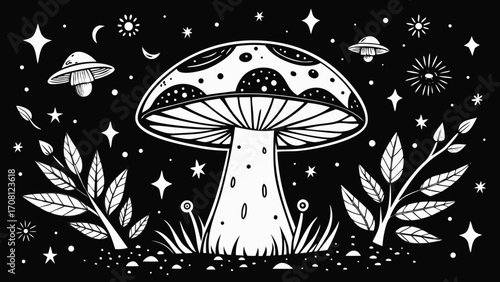 Psychedelic mushroom magic celestial nightscape hand drawn style featuring alien spacecraft and mystical elements in black and white