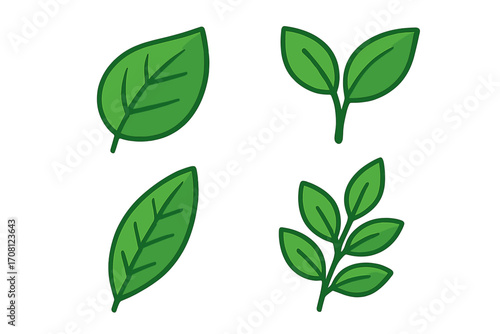 Green leaf icon set. Cartoon vector collection of leaves, sprouts, and branches. Nature, eco, and bio concept symbols. Isolated flat design elements for graphic illustration.