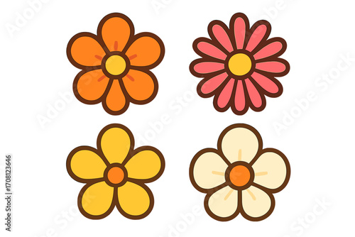 Groovy retro flower icon set. 70s floral decoration elements. Vector cartoon illustration in flat style. Cute vintage flowers for stickers, patterns, and design. Hippie power graphic.