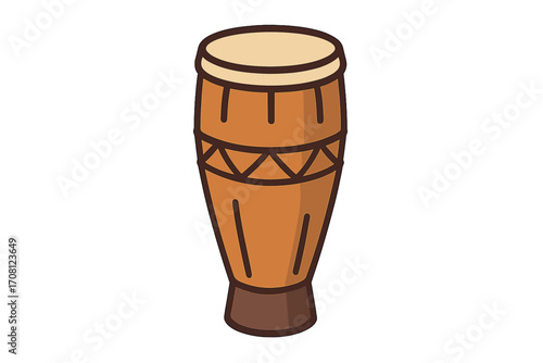Conga drum vector illustration. Percussion musical instrument icon. Latin, Cuban, and African music symbol. Isolated cartoon graphic for festival, concert, or band logo.
