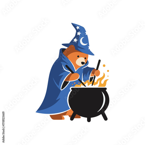 A Cute Cartoon Bear Character Dressed as a Wizard Mixing a Potion in a Cauldron, an Adorable Mascot for Fantasy and Magical Designs