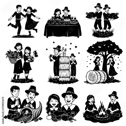 Vector art of thanksgiving icons depicting various festive activities, , showcasing traditional clothing and symbolic elements of the holiday