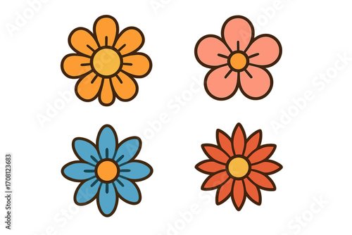 Groovy flower power vector icon set. Retro 70s floral elements. Hippie cartoon sticker collection, flat design style. Simple daisy and chamomile symbols for graphic decoration.