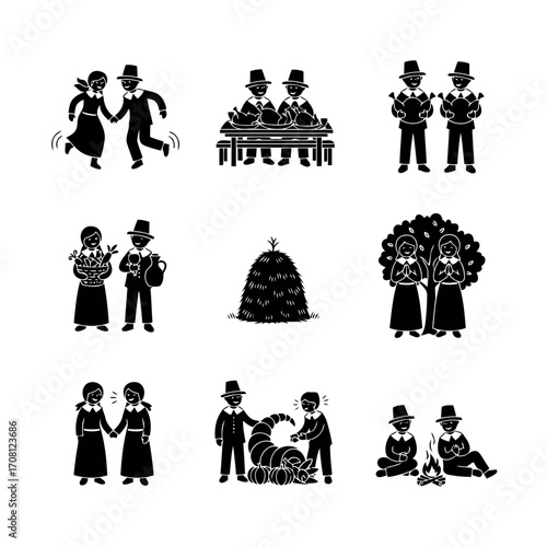 Vector art of pilgrim icons depicting various festive activities, , showcasing traditional clothing and symbolic elements of the holiday