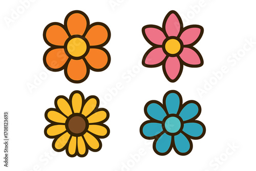 Flower power vector set. Groovy retro 70s floral illustration collection. Simple colorful daisy icons. Hippie style cartoon flowers for stickers, decoration. Isolated flat graphic design elements.