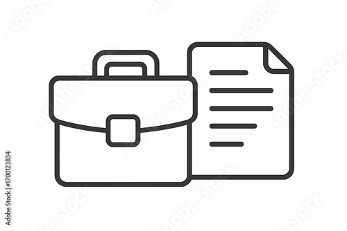 Business portfolio icon with document. Briefcase and contract symbol. Work case, job career concept. Office bag linear illustration. Professional resume or report file sign. Management vector.