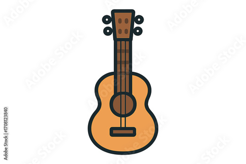 Ukulele icon vector. Acoustic guitar symbol. String musical instrument for lesson, hobby, or concert. Flat cartoon graphic illustration for web design, logo, or app. Music sound.