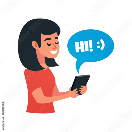 Young woman smiling and looking at her phone, saying HI