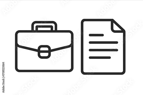 Business portfolio icon with briefcase and document symbol. Simple line art for job application, career, work files, report, contract, cv, resume. Corporate case study vector.