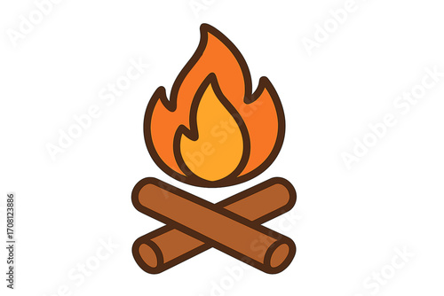 Campfire icon flat design. Bonfire with burning wood logs. Flame symbol for camping, travel and hiking. Warm outdoor activity. Vector cartoon illustration isolated.