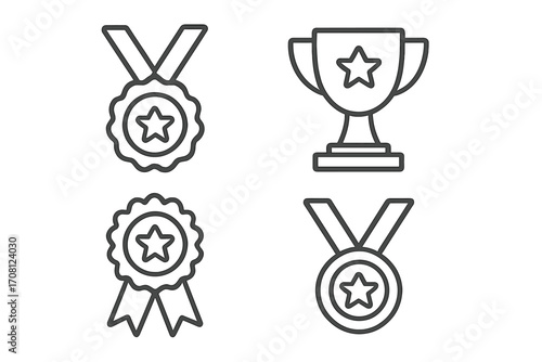 Winner awards line icon collection. Trophy cup, medal on ribbon, prize rosette with star. Champion achievement, victory, and success concept. Outline vector graphic elements.
