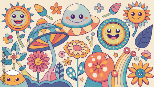Retro style cartoon illustrations of smiling flowers mushrooms and ufos creating a groovy and whimsical design ideal for fun and playful projects