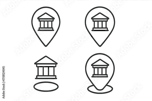 Bank location map pin icon set. Courthouse, government building pointer symbol. Financial services, justice, law, university or museum location marker. Vector line art pictogram.