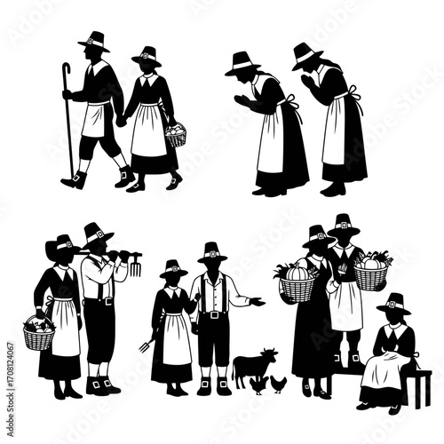 Vector art of amish family vector silhouette set, depicting daily life, community, and traditional activities