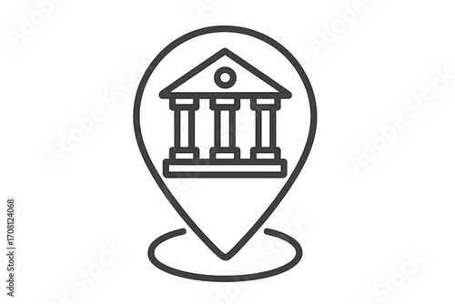 Map pin with building icon. Location pointer for bank, courthouse, museum or university. Government or public institution destination symbol. GPS navigation graphic element.