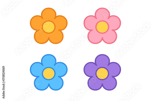 Colorful flower icon set. Simple flat cartoon vector illustration. Groovy retro 70s hippie style blossom. Daisy chamomile symbol for spring summer design element. Isolated.