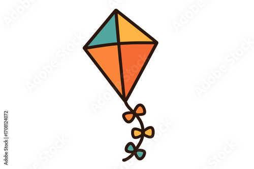 Kite flying icon in flat style. Colorful summer toy for outdoor activity and fun games. Vector cartoon illustration of a kite for children's leisure and freedom concepts.