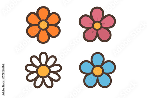 Set of four groovy retro flowers. Hippie 70s floral icon collection. Cute cartoon flower power stickers for summer design. Vector illustration isolated on white background.