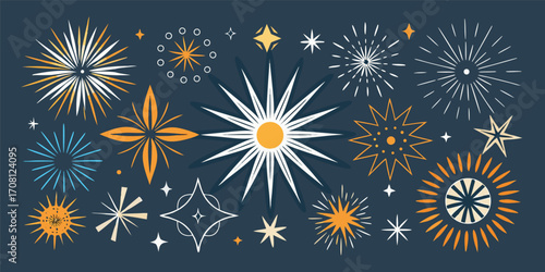 Retro style stars and fireworks illustration against a navy blue background featuring abstract geometric celestial design elements and various bursting star shapes in white yellow orange and blue