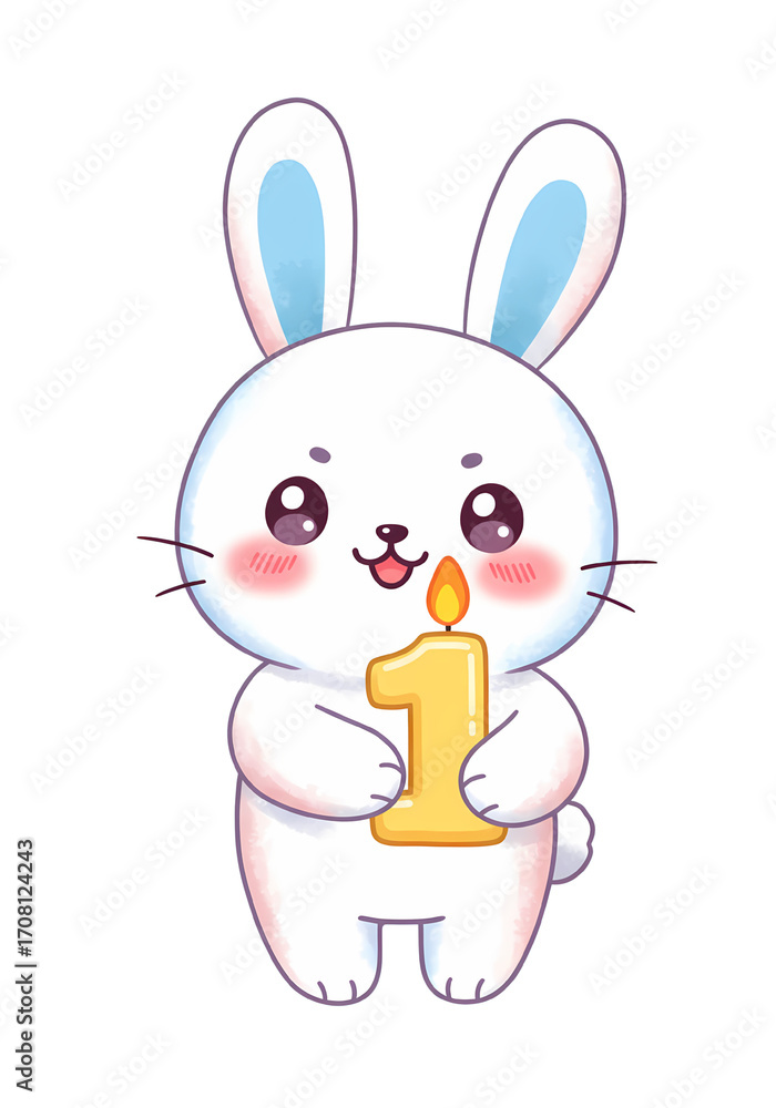 Obraz premium Cute White Rabbit Holding Yellow Number One Candle on Transparent Background