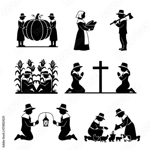 Illustration of pilgrims and thanksgiving symbols, portraying historical harvest, religious devotion, and community life