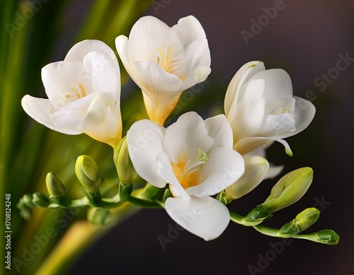 delicate white freesia flowers in bloom close up photography