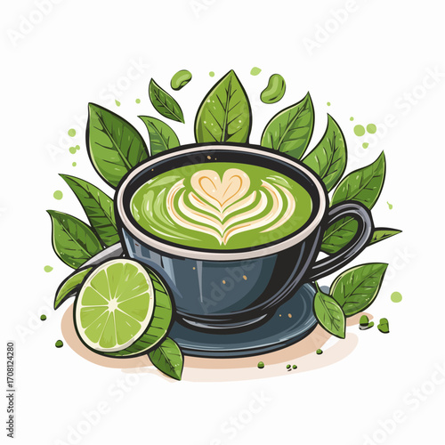 Matcha Latte with Lime and Green Leaves