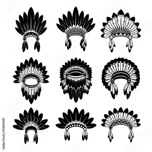 Vector art of collection of nine native american headdresses, showcasing traditional tribal headwear with intricate feather designs and cultural significance