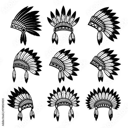 Vector art of set of nine native american headdress, displaying various feather arrangements and tribal designs for cultural representation