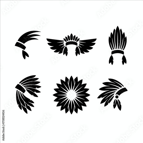 Vector art of collection of six native american headdress designs, showcasing diverse tribal headwear styles and cultural symbols in black silhouette