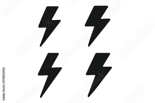 Lightning bolt silhouette vector icon set. Simple flash symbol collection. Thunder, power, and energy signs. Electrical voltage or danger pictogram. Storm weather graphic element.
