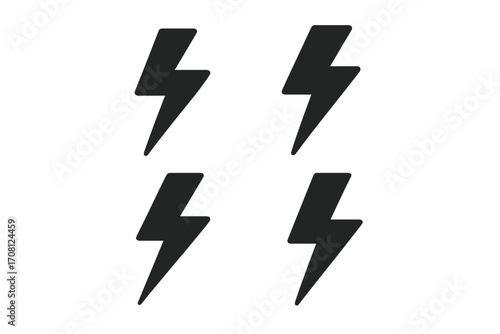 Lightning bolt icon set. Simple black silhouette flash symbols. Vector graphic of power and energy signs. Electric thunder and storm element. Isolated on white background.