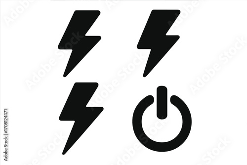 Vector illustration of lightning bolt and power on off button icon set. Black silhouette symbols for electricity, energy, charge, thunder, and flash. Simple flat design elements.