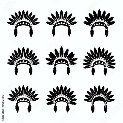 Vector art of collection of nine native american war bonnets, representing indigenous culture and tribal traditions