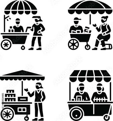 Marketplace Cart Icon Pack – Mobile Stalls with Umbrellas, Sellers & Buyers