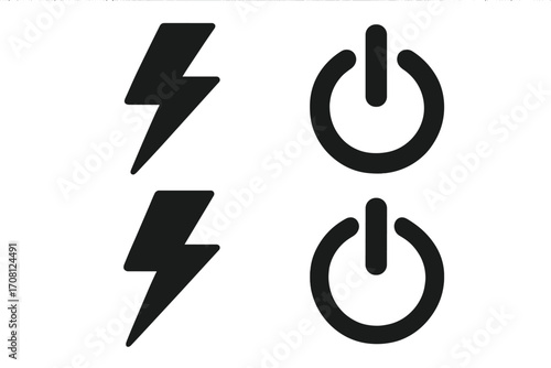 Power button and lightning bolt icon set. Black silhouette symbols for on, off, start, and stop. Vector graphic elements for energy, electricity, and charge concepts.