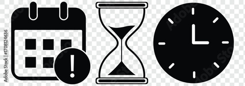 Time Management Vector Icons Set. Hourglass Timer Deadline Business Productivity. set of sand clock illustrations with varying frames and sand amounts. Hourglass shapes in multiple variations. Vector 