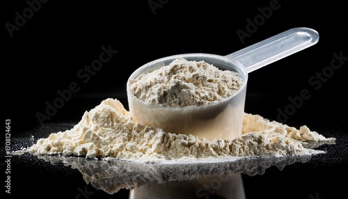 vanilla protein powder scoop on black background with reflection