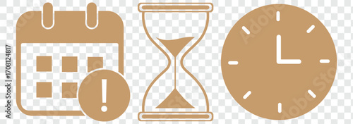 Time Management Vector Icons Set. Hourglass Timer Deadline Business Productivity. set of sand clock illustrations with varying frames and sand amounts. Hourglass shapes in multiple variations. Vector 