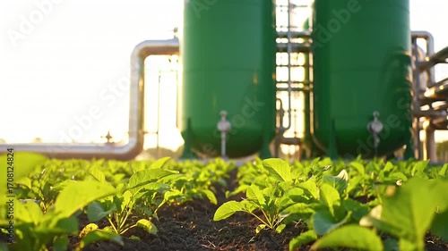 Green Tanks and Piping Systems Behind Lush Green Plants Under Bright Sky
