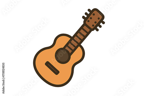 Acoustic guitar icon. Classic musical instrument symbol. Vector cartoon illustration in flat style. String instrument for folk, country, western music. Sound, melody concept.