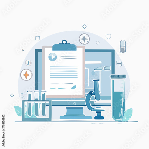 Medical Research: Computer Screen Showing Report, Test Tubes, Microscope, and Lab Equipment