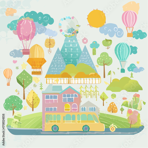 Pastel Dreamland Landscape with Hot Air Balloons and Bus